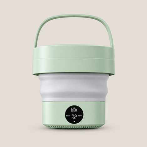 Foldable mini washing machine UAE – sage green collapsible portable washer with carry handle and one-button control