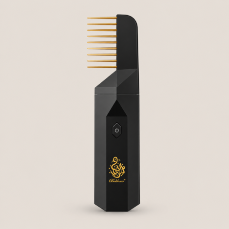 Black and gold electric hair bakhoor comb, portable rechargeable bakhoor burner with Arabic calligraphy, available in Dubai UAE