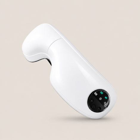 Handheld eye massaging tool UAE – white rechargeable eye massager with digital touch controls and meditation music