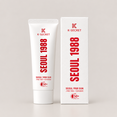 K-SECRET Seoul 1988 sunscreen UAE – off-white tube with Pine Tree + Ceramide SPF50+ label and cream swatch