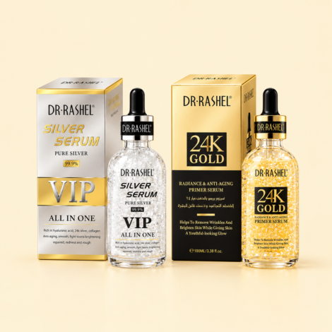 Dr. Rashel 24K gold and silver serum UAE – anti-aging face serum with gold flakes, 100ml bottle and packaging