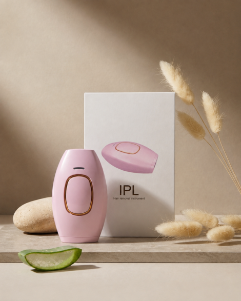 Mini IPL laser hair removal device UAE – white handset with gold trim and flash window for full body use
