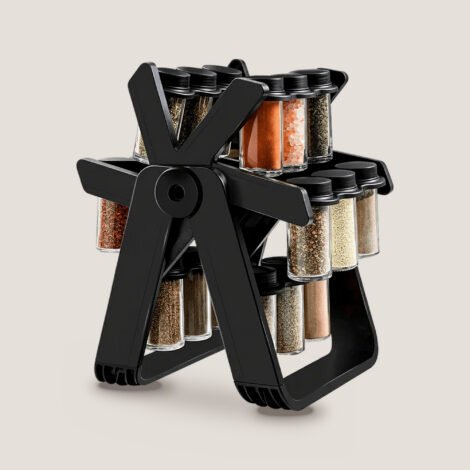 18 jar rotating spice rack UAE – black Ferris wheel design countertop kitchen organizer with clear spice jars